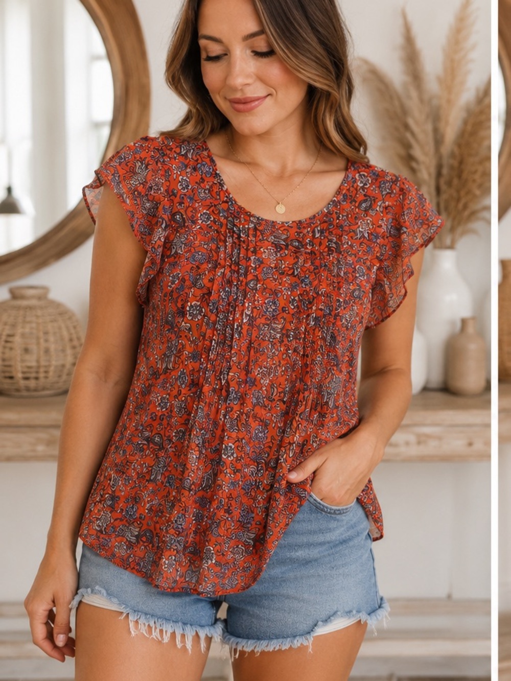 PerSeption Concept Burnt Orange Floral Pintuck Flutter-Sleeve Top